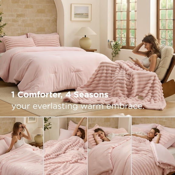 Gentlesoft 2-in-1 Queen Comforter Set with Detachable Fluffy Blanket, Pink Bedding for All Seasons