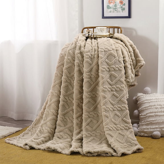 Gentlesoft Sherpa Fleece Throw Blanket for Couch - Fluffy & Cozy Cable Jacquard Tufted Throw for Women Gift, Thick and Warm Christmas Blanket for Winter,59x39 In （Khaki）