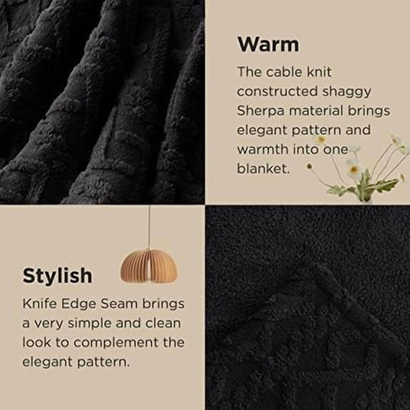 Gentlesoft Sherpa Fleece Throw Blanket for Couch - Fluffy & Cozy Cable Jacquard Tufted Throw for Women Gift, Thick and Warm Christmas Blanket for Winter, Black, 50x60 Inches