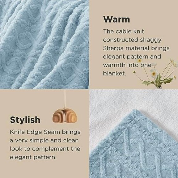 Gentlesoft Sherpa Fleece Throw Blanket for Couch - Fluffy & Cozy Cable Jacquard Tufted Throw for Women Gift, Thick and Warm Christmas Blanket for Winter, Blue, 50x60 Inches