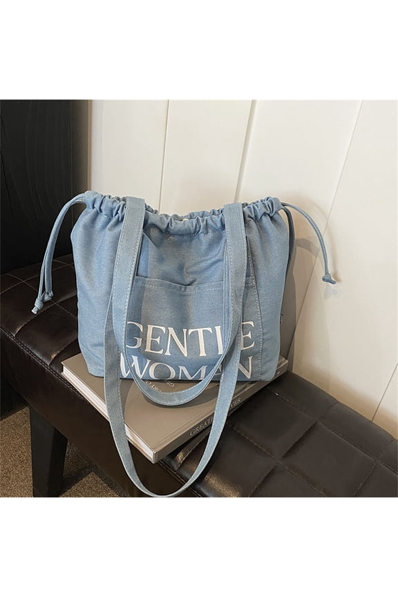 Gentlewoman Compass Swipe Bag, Drawstring Large Capacity Denim Bag Shoulder Tote Canvas Bag Shopping Bag, Blue