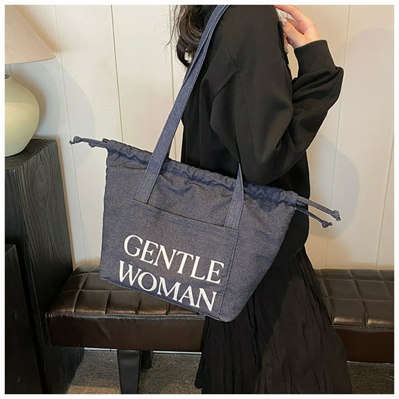 Gentlewoman Compass Swipe Bag, Drawstring Large Capacity Denim Bag Shoulder Tote Canvas Bag Shopping Bag, Dark Blue