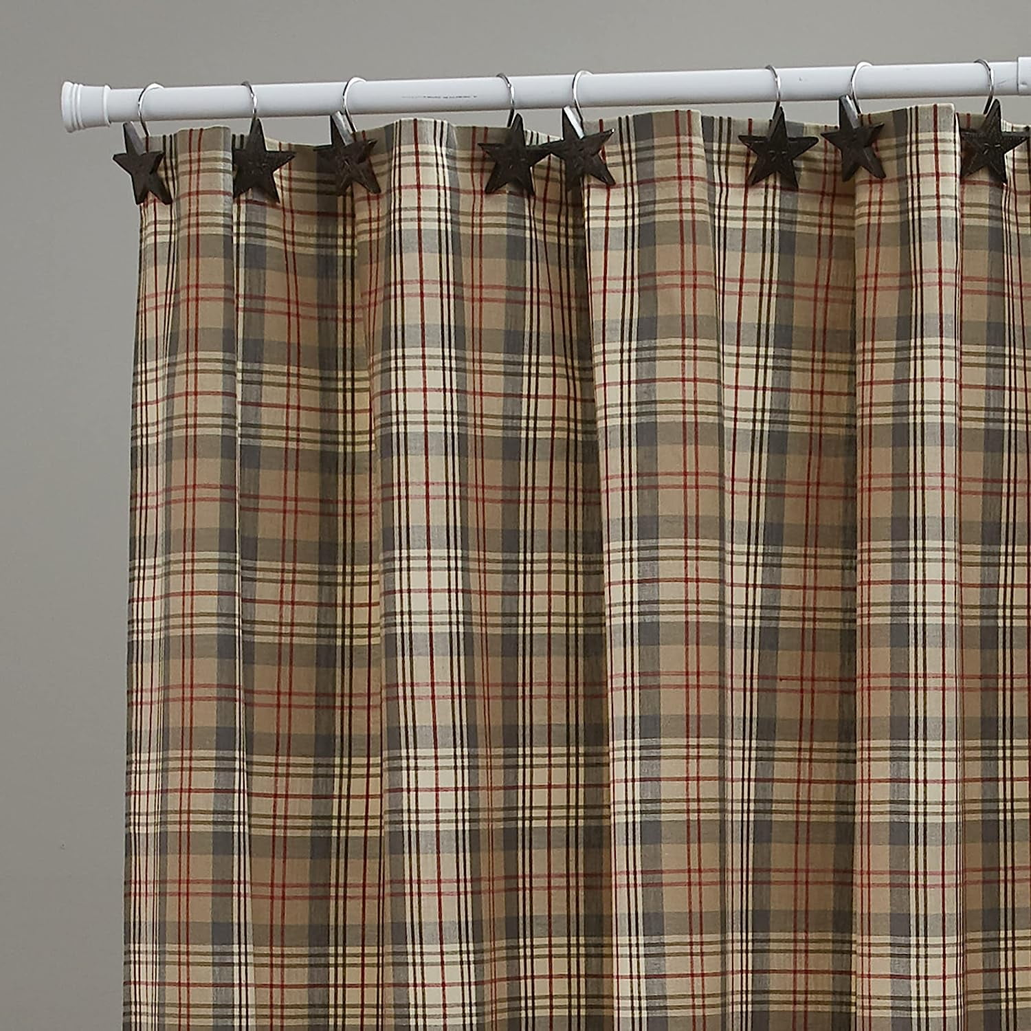 Plaid Earthtone Fabric Shower Curtain with Red Accents
