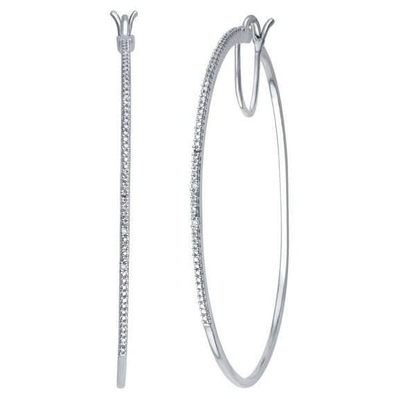 Genuine 0.02 Carat Natural Diamond Accent Hoop Earrings In 14K White Gold Plated