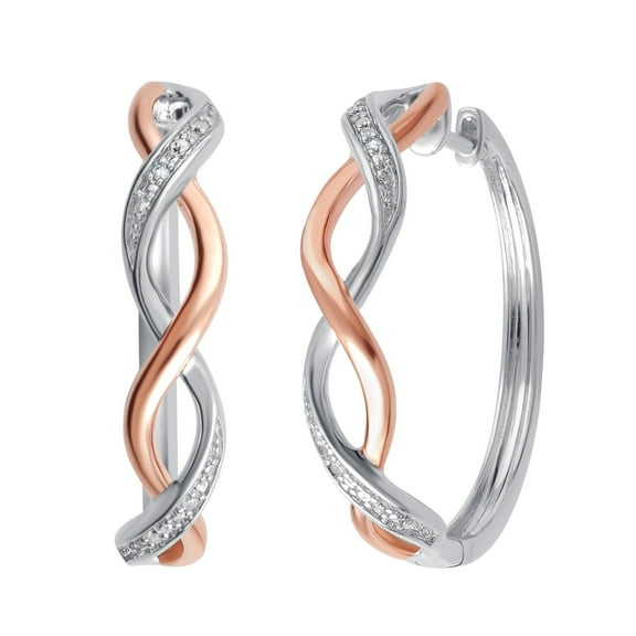 Genuine 0.02 Carat Natural Diamond Accent Two Tone Twisted Hoop Earrings In 14K Rose Gold Plated