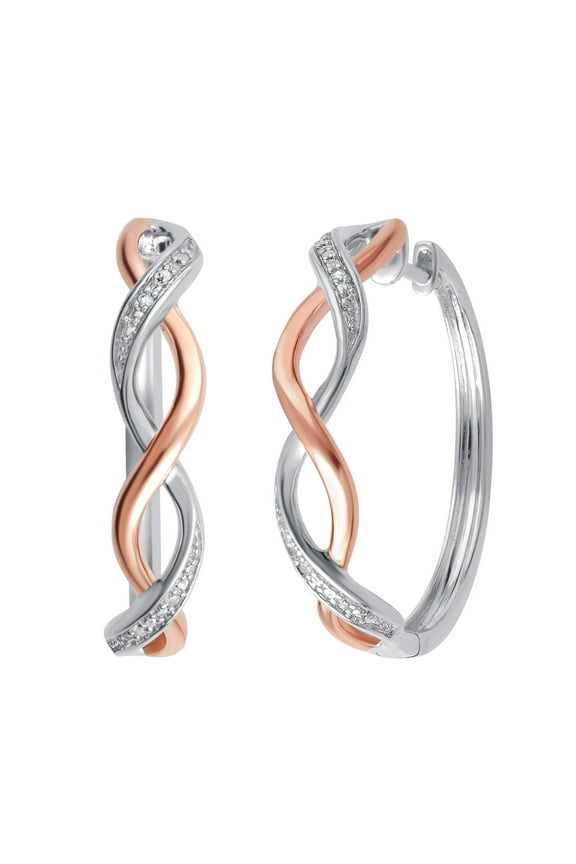 Genuine 0.02 Carat Natural Diamond Accent Two Tone Twisted Hoop Earrings In 14K Rose Gold Plated