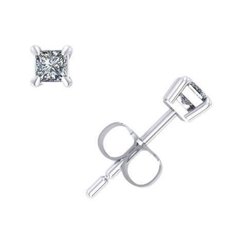 Genuine 0.10Ct Princess Cut Diamond Stud Earrings 14k White Gold Prong Push Back GH I1