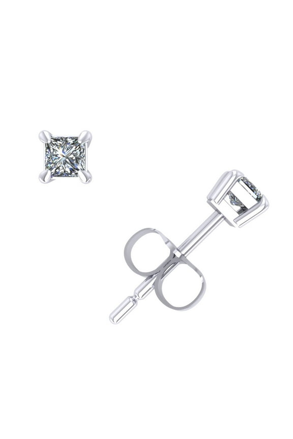 Genuine 0.10Ct Princess Cut Diamond Stud Earrings 14k White Gold Prong Push Back GH I1