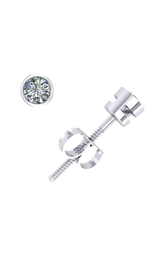 Genuine 0.15Carat Round Cut Diamond Stud Earrings 14k White Gold Bezel Screwback I SI2