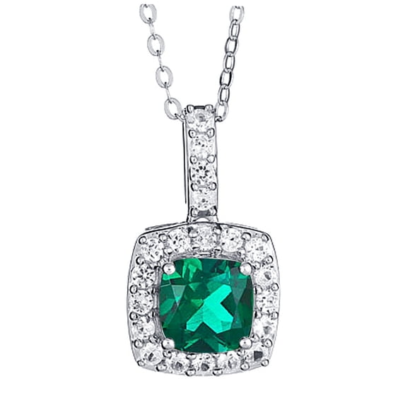 Genuine 1.00 Carat 7mm Created Cushion Shaped Emerald with White Sapphire Necklace In 925 Sterling Silver.