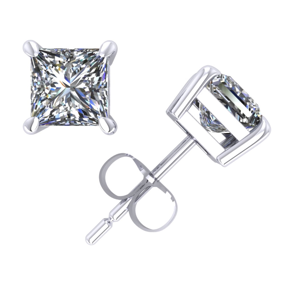 JEWELWESELL Genuine 1.00Ct Princess Cut Diamond Stud Earrings 14k White Gold Prong Push Back I SI2