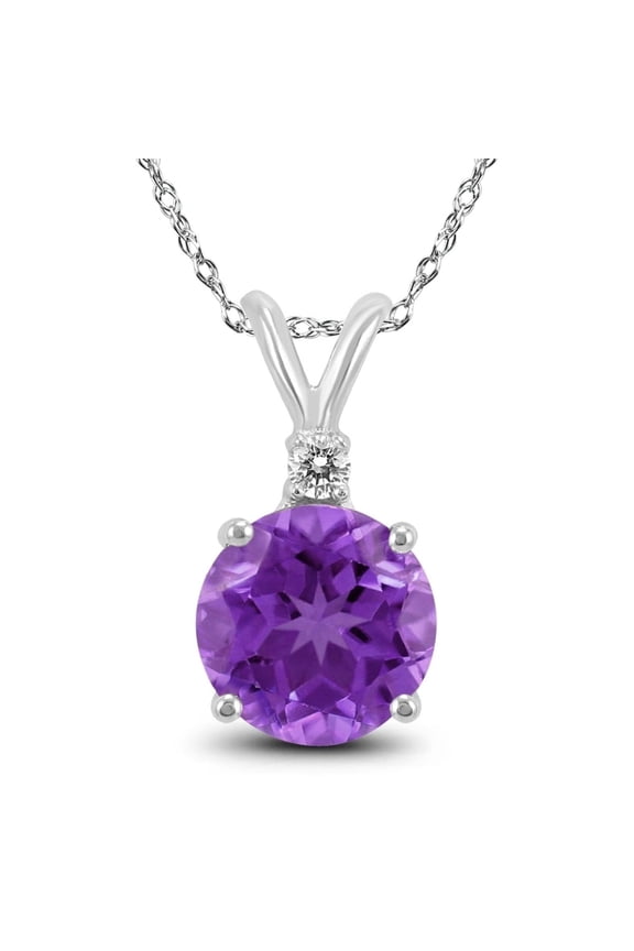 Genuine 1.25 Carat Natural 7mm  Round Shaped Amethyst with White Topaz Necklace In 925 Sterling Silver