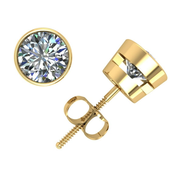 Genuine 1.25Ct Round Diamond Stud Earrings 14k Yellow Gold Bezel Screwback I SI2