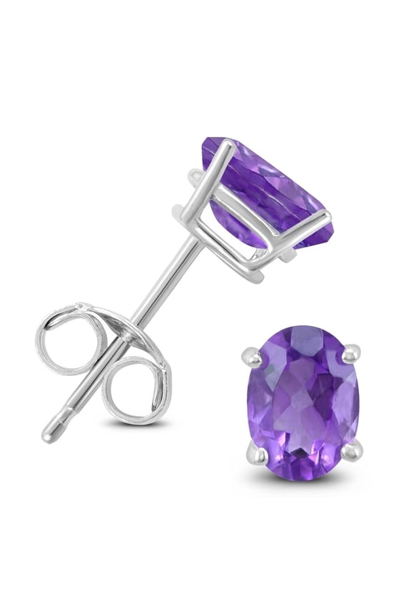 Genuine 1.42 Carat Natural 7x5mm Oval Shaped Amethyst Stud Earrings In 925 Sterling Silver