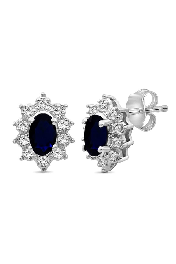 Genuine 1.60 Ctw Natural Oval Shaped 6x4mm Blue Sapphire With White Topaz Post Stud Earrings In 925 Sterling Silver