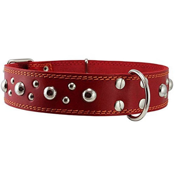 Genuine 1.75" Wide Thick Leather Studded Dog Collar. Fits 21.5"-26" Neck, XLarge Breeds.