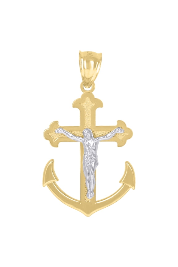 Genuine 10K Two Tone Gold 1.35" Nautical Textured Anchor Cross Crucifix Pendant