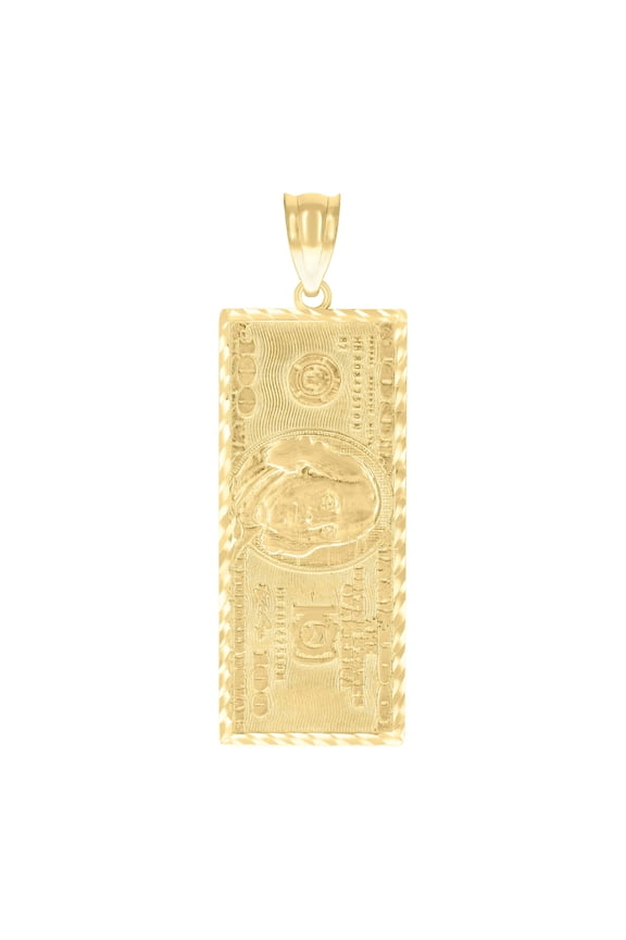 Genuine 10K Yellow Gold Textured & D/C Money Benjamin 100 Dollar Bill Pendant