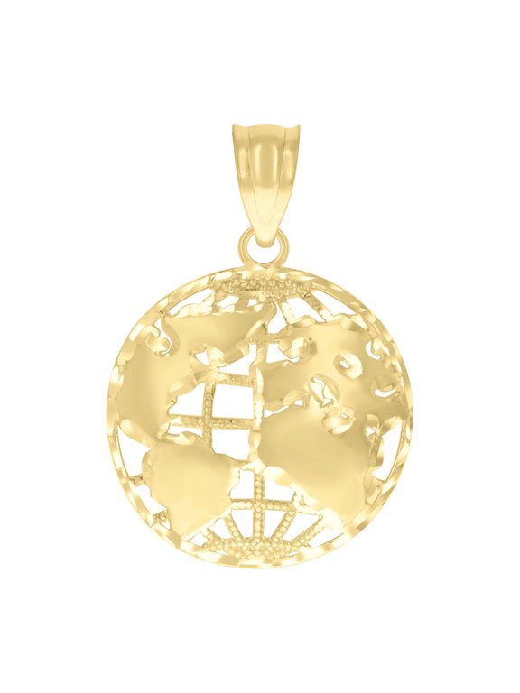 Genuine 10K Yellow Gold Unisex Diamond Cut 1" Charm World Map Globe Pendant