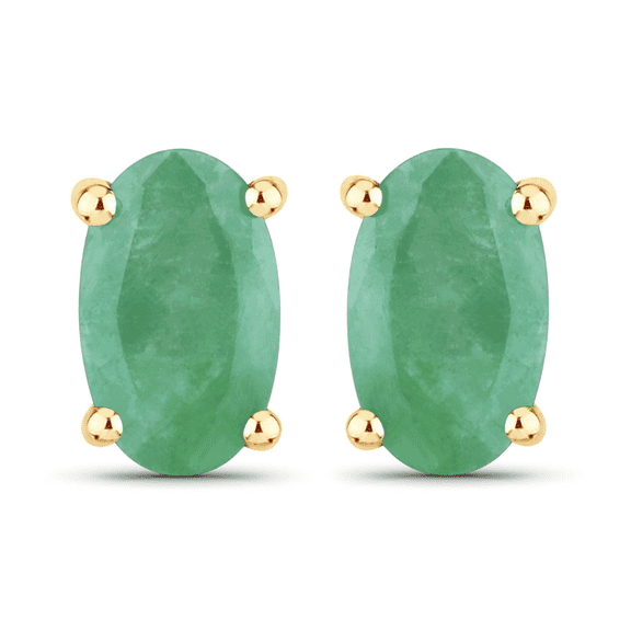 Genuine Zambian Emerald Studs for Women 10K Yellow Gold Oval May Birthstone Earrings