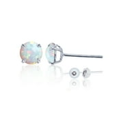Genuine 14K Solid White Gold 6mm Round Natural Opal October Birthstone Stud Earrings
