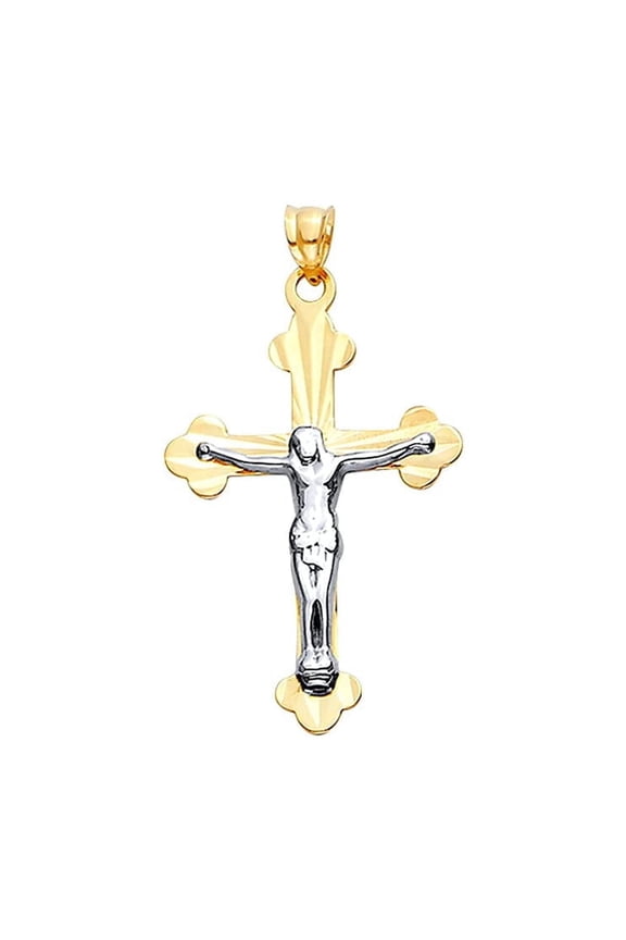 Genuine 14K Two-Tone Gold Diamond-Cut Jesus Cross Pendant for Men & Women – Real Solid Gold, 40mm x 23mm, Not Plated or Filled