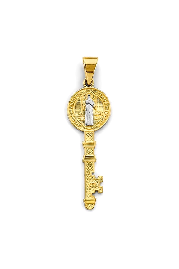 Genuine 14K Two-Tone Gold San Benito Key Pendant  Solid Yellow & White Gold Religious Medal, Durable Spiritual Protection Charm, 40mm x 10mm
