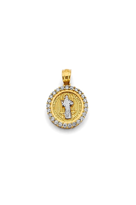 Genuine 14K Two-Tone Gold San Benito Pendant with Cubic Zirconia  Solid Yellow & White Gold Religious Medal, Lightweight Spiritual Protection Charm, 18mm x 13mm