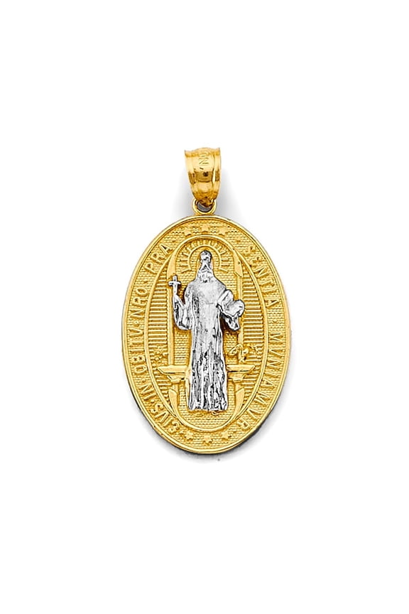 Genuine 14K Two-Tone Gold San Benito Pendant  Solid Yellow & White Gold Religious Medal, Durable Spiritual Protection Charm for Daily Wear, 32mm x 17mm