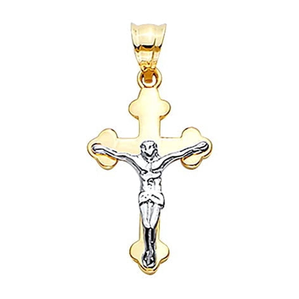 Genuine 14K Two-Tone Solid Gold Crucifix Pendant with Jesus Figure – Real Yellow & White Gold Religious Cross for Men & Women, 25mm x 13mm