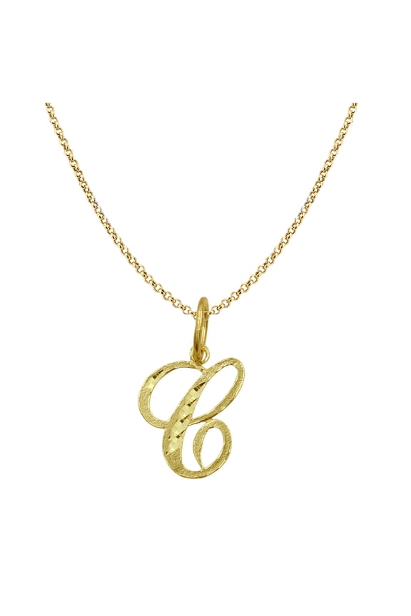 Genuine 14K Yellow Gold 0.78" Fancy Cursive Letter Initial C Necklace 16", 18", 20", 22" Trendy Charm Initial Necklaces for Women