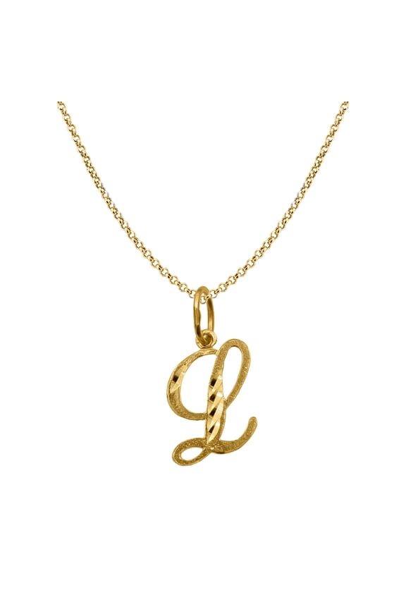 Genuine 14K Yellow Gold 0.78" Fancy Cursive Letter Initial L Necklace 16", 18", 20", 22" Trendy Charm Initial Necklaces for Women