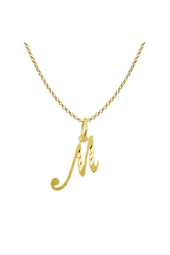 Genuine 14K Yellow Gold 0.78" Fancy Cursive Letter Initial M Necklace 16", 18", 20", 22" Trendy Charm Initial Necklaces for Women