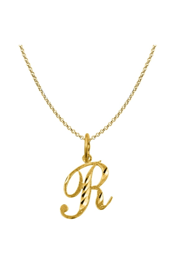 Genuine 14K Yellow Gold 0.78" Fancy Cursive Letter Initial R Necklace 16", 18", 20", 22" Trendy Charm Initial Necklaces for Women
