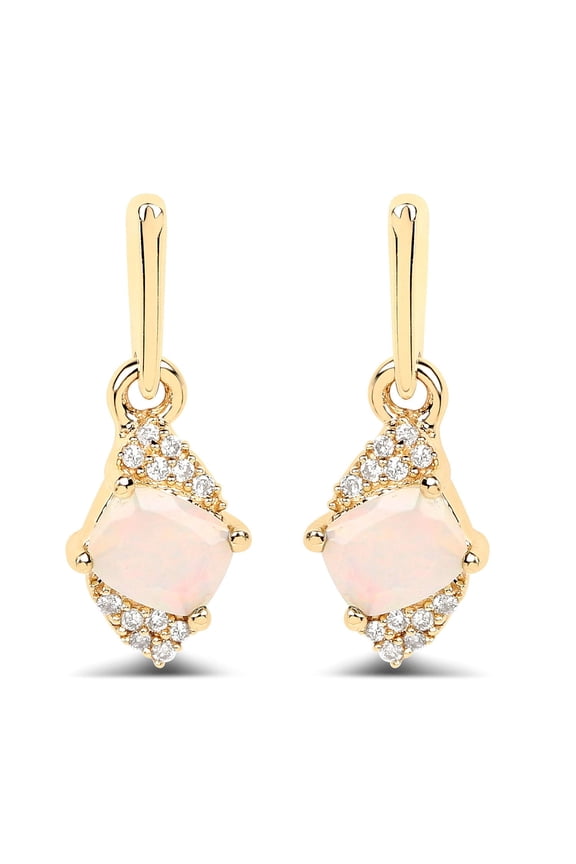Genuine Ethiopian Opal 14K Gold Earrings with Natural White Diamonds October Birthstone Jewelry