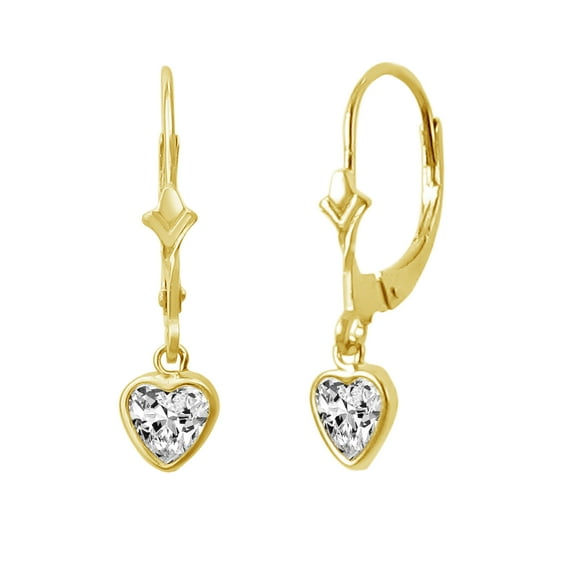 Genuine 14K Yellow Gold Lever-Back Earring With Dangling Heart Shape White CZ Stone the perfect gift for ALL