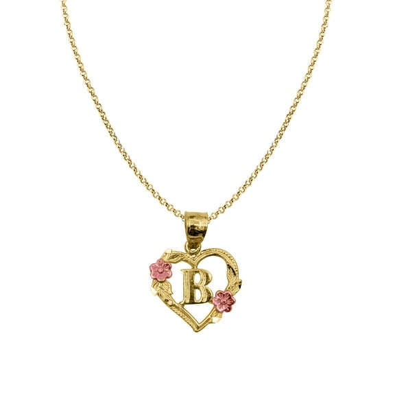 Genuine 14k Two-tone Gold 0.66" Floral Heart Initial B Pendant Necklace 16", 18", 20", 22" Trendy Charm Initial Necklaces for Women