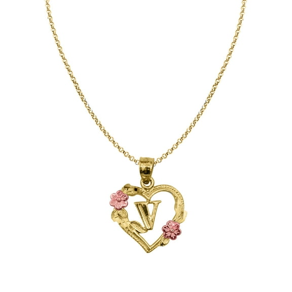 Genuine 14k Two-tone Gold 0.66" Floral Heart Initial V Pendant Necklace 16", 18", 20", 22" Trendy Charm Initial Necklaces for Women
