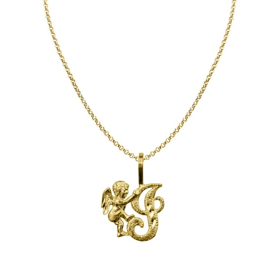 Genuine 14k Yellow Gold 0.59" Cherub Script Initial Letter I Necklace 16", 18", 20", 22" Trendy Charm Initial Necklaces for Women