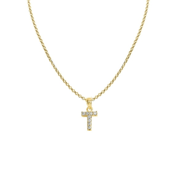 Genuine 14k Yellow Gold 0.59" Cubic Zirconia CZ Initial Letter T Pendant Necklace 16", 18", 20", 22" Trendy Charm Initial Necklaces for Women