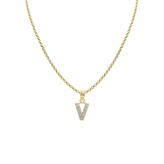 Genuine 14k Yellow Gold 0.59" Cubic Zirconia CZ Initial Letter V Pendant Necklace 16", 18", 20", 22" Trendy Charm Initial Necklaces for Women