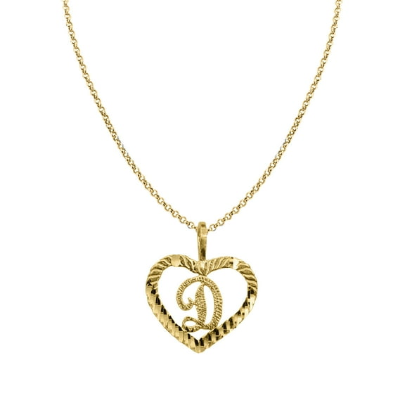 Genuine 14k Yellow Gold 0.59" Fancy Heart Initial Letter D Necklace 16", 18", 20", 22" Trendy Charm Initial Necklaces for Women