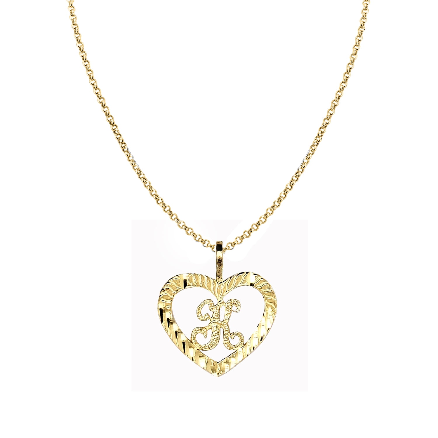 Genuine 14k Yellow Gold 0.59" Fancy Heart Initial Letter K Necklace 16", 18", 20", 22" Trendy Charm Initial Necklaces for Women