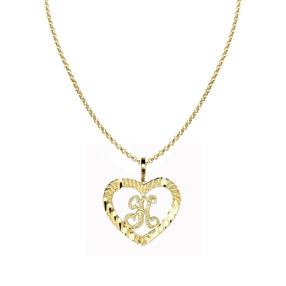 Genuine 14k Yellow Gold 0.59" Fancy Heart Initial Letter K Necklace 16", 18", 20", 22" Trendy Charm Initial Necklaces for Women