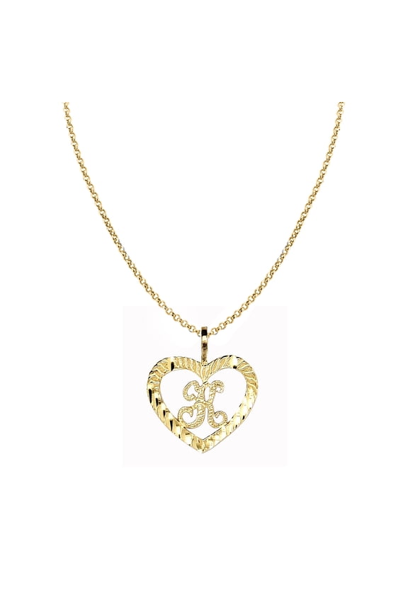 Genuine 14k Yellow Gold 0.59" Fancy Heart Initial Letter K Necklace 16", 18", 20", 22" Trendy Charm Initial Necklaces for Women
