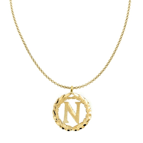 Genuine 14k Yellow Gold 0.78" Wreath Initial Letter N Pendant Necklace 16", 18", 20", 22" Trendy Charm Initial Necklaces for Women