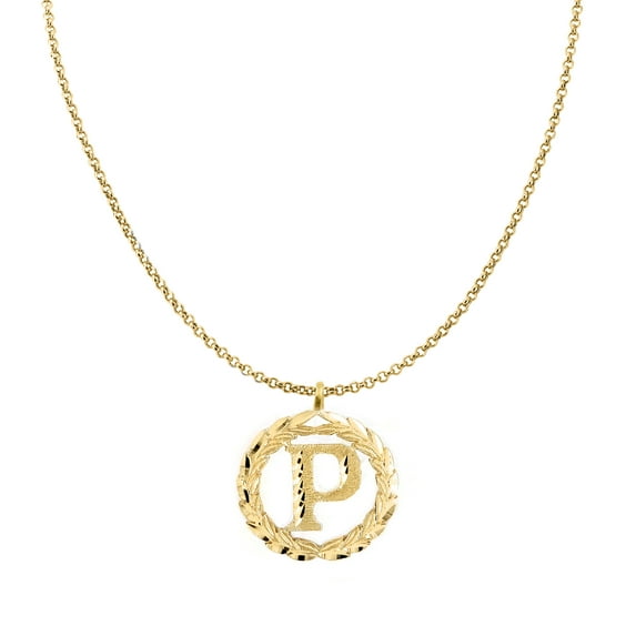 Genuine 14k Yellow Gold 0.78" Wreath Initial Letter P Pendant Necklace 16", 18", 20", 22" Trendy Charm Initial Necklaces for Women