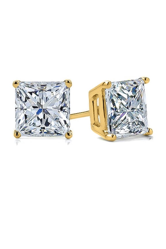 Genuine 14k Yellow Gold Square Plated Cubic Zirconia Stud Earrings Push Back (8mm) by Paris Jewelry