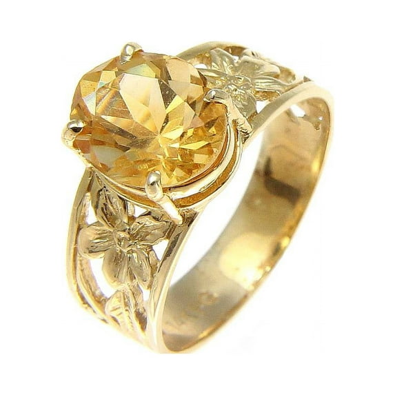 Genuine 2.40ct oval citrine solitaire ring 14k yellow gold Hawaiian plumeria size 8