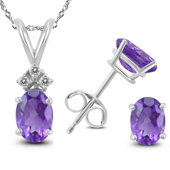 Genuine 2.42  Carat Natural 7x5mm Oval Shaped Amethyst with White Topaz Necklace & Earrings Set In 925 Sterling Silver